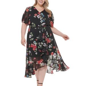 DKNY Plus Size Puff-Sleeve Ruffled Floral Chiffon Dress 20W